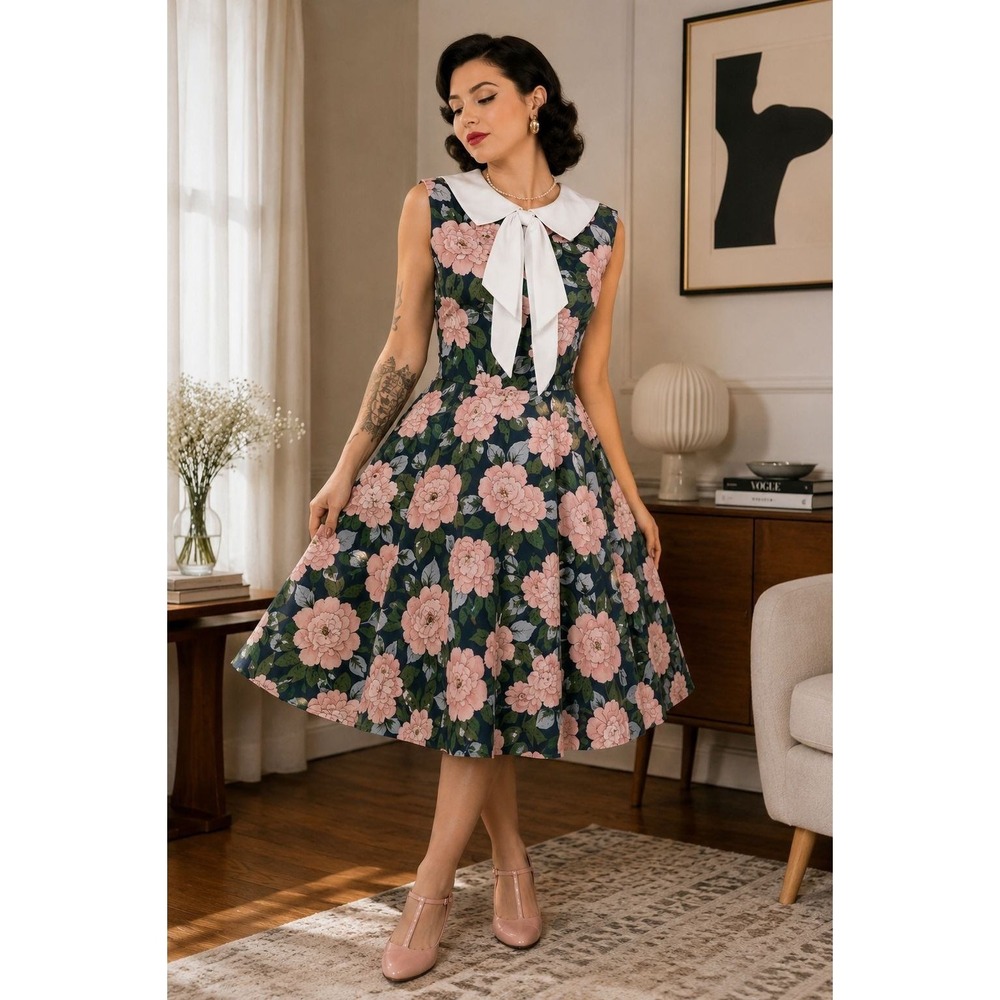 Unique Vintage L 10-12 Pleated A-Line Midi Dress Floral Pinup Retro Cottagecore